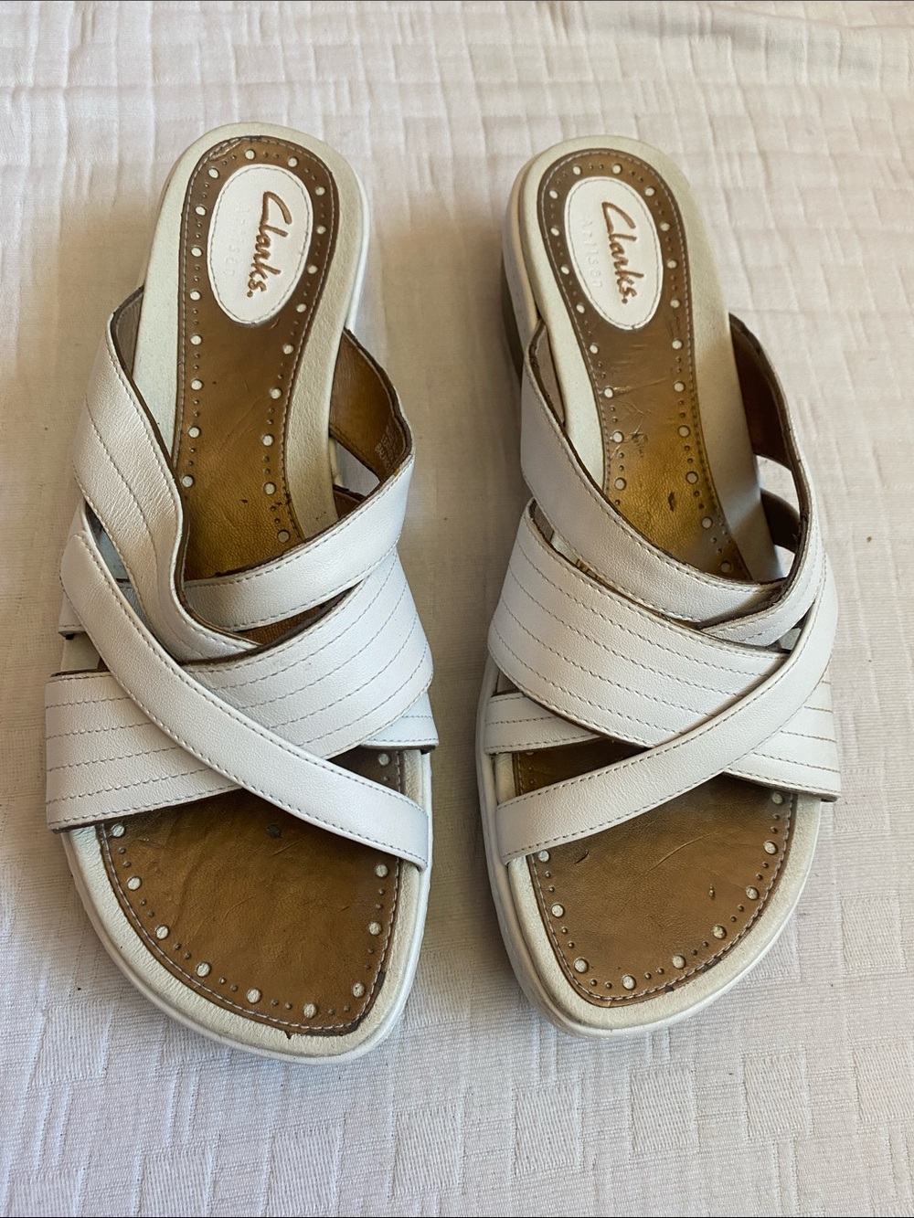 CLARKS  White Leather Crisscross Slide Mules